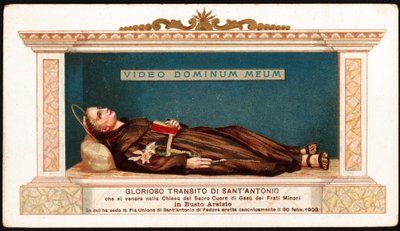 Løgn af St. Antonius af Padova (san antonio di padova) kommer ind i kirken i Jesu hellige hjerte af de mindre brødre af Busto Arsizio. Vi ser de sidste ord talt på latin af helgenen "Video Dominum meum"" (Jeg ser min Herre). fromt billede. 20. årh af Anonymous Anonymous