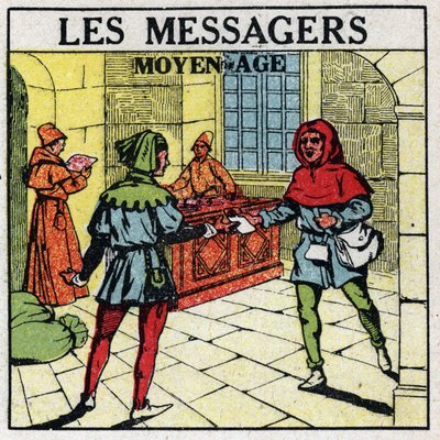 Mail: Budbringere i middelalderen. Anonym illustration af 1925. Privat samling. af Anonymous Anonymous