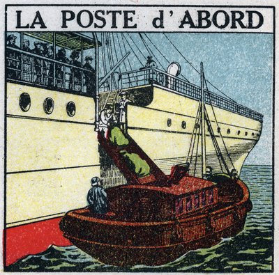 Post: skib, der leverer post om bord på et linjeskib (post først). Anonym illustration fra 1925. Privat samling. af Anonymous Anonymous