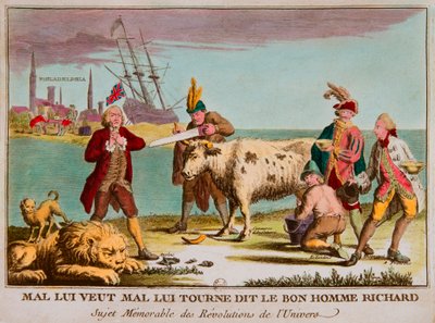Mal vil have ham forkert, sagde den gode mand richard Mindeværdigt emne for universets revolutioner. Tegnefilm mod England. 1780, Privee Collection (britisk handel som en mælkeko. Billeder inkluderer: Storbritannien som en sovende løve; Continental Congres af Anonymous Anonymous