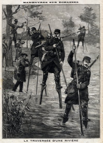 Manøvrer på echasse: det franske militærs krydsning af en flod til Mont de Marsan (Mont-de-Marsan) styret af Landes echassiers for at etablere en telegraflinje. Gravering. I "" Le Petro Parisien"", den 17/12/1899. Privat samling. af Anonymous Anonymous