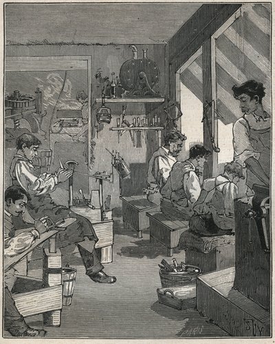 Fremstilling af kamme på et værksted i Frankrig i det 19. århundrede. Indgravering fra 1885 i "" Les arts et metiers illustres"" af Adolphe BITARD. af Anonymous Anonymous