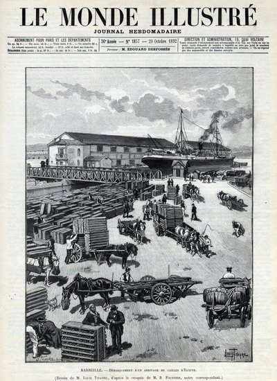 Maritim handel: gøen af en ankomst af vagtler fra Egypten i havnen i Marseille. En avis. Stik i “Le monde illustree”” fra 1892. Privat samling. af Anonymous Anonymous