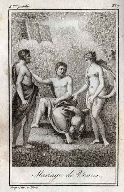 Ægteskab mellem Mars og Venus. Stik fra 1819 i "Breve til Emilie om mytologi" af Charles Albert Demoustier (1760-1801). Privat samling. af Anonymous Anonymous