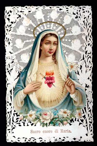 Mater dolorosa Sacre hjerte. fromt billede. Kromolitografi har decoupage og dentage. Debut privatsamling fra det 20. århundrede af Anonymous Anonymous