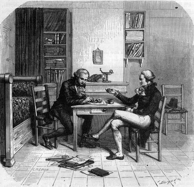 Maximilien de Robespierre 1758-1794, fransk politiker, medlem af Udvalget for Offentlig Sikkerhed med Maurice Duplay på sit værelse - Chambre de Maximilien de Robespierre chez Maurice Duplay (1736-1820) rue Saint-Honore a Paris - Indgravering i "Histoire d af Anonymous Anonymous