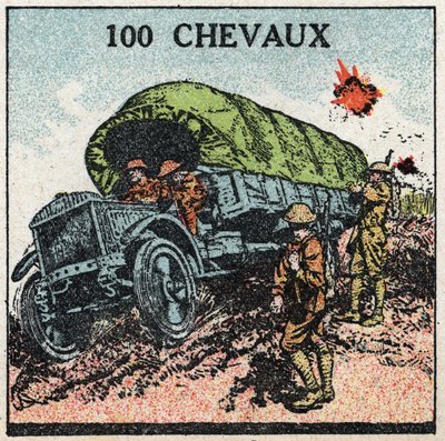 Mekanisk trækkraft: militær lastbil op til 100 hestekræfter. Anonym illustration fra 1925. Privat samling. af Anonymous Anonymous