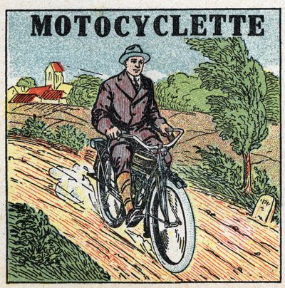 Mekanisk trækkraft: motorcykel. Anonym illustration af 1925. Privat samling. af Anonymous Anonymous