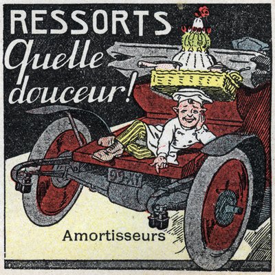 Mekanisk trækkraft: stødfjedre i en bil. Anonym illustration fra 1925. Privat samling. af Anonymous Anonymous