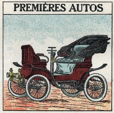 Mekanisk trækkraft: de første benzinbiler opfundet i 1895 af Panhard og Levassor. Anonym illustration fra 1925. Privat samling. af Anonymous Anonymous