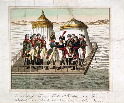 Møde mellem kejserne Alexander I af Rusland og Napoleon I af Frankrig ved Neman nær Tilsit - Anonym - 1807 - Radering, akvarel - 29,7x39,7 - Privat samling af Anonymous Anonymous
