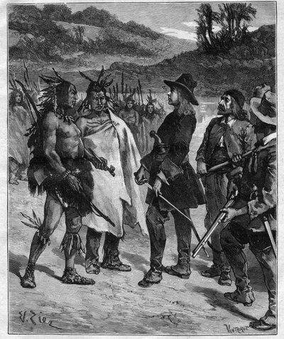 Møde mellem Robert Cavelier de La Salle (1643-1687) med indianerne i Amerika nær Lake Peoria gravering i "Journal des voyages"" fra 1889 af Anonymous Anonymous