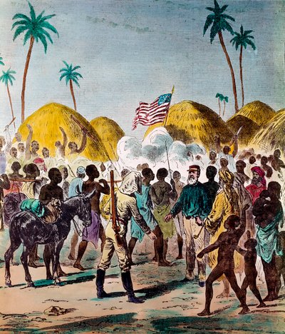 Møde mellem journalisten Henry Morton Stanley (1841-1904) og David Livingstone (1813-1873), britisk læge og opdagelsesrejsende, den 10/11/1871 i Tanzania. Gravering af det 19. århundredes privatsamling af Anonymous Anonymous