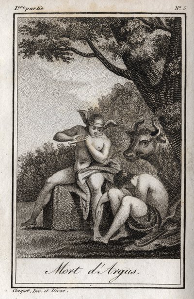Mercury and Argus (Mercury and Argus). Death of Argus: Mercury spillet af fløjten for at falde i søvn Argus og aflive nymfen Io, forvandlet til en ko. Stik fra 1819 i "Lettres a Emilie sur la mythologie" af Charles Albert Demoustier (1760-1801). af Anonymous Anonymous