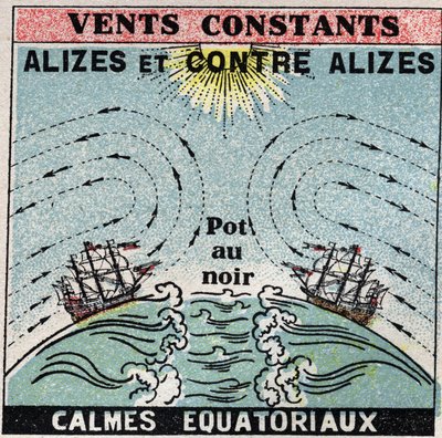 Meteorologi: konstante vinde. Alizes, mod alizes, zoner med rolige ækvatoriale (pot i sort). Anonym illustration fra 1925. Privat samling. af Anonymous Anonymous