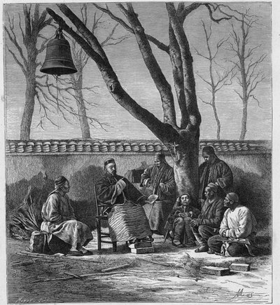 Missionærundervisning i katolsk doktrin i Henan-provinsen (Ho Nan, Ho-Nan), Kina. Indgravering i "The Catholic Missions in the XIXth Century"" af Louis-Eugene (Louis Eugene) Louvet. privat samling. af Anonymous Anonymous
