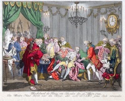 Mort de Gustave III de Suede (1746-1792) - Mordet på kong Gustav III den 16. marts 1792 - Anonym - 1792 - Radering, akvarel - 33,5x46,3 - Privat samling af Anonymous Anonymous