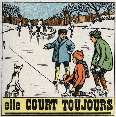 Bevægelser: børn spiller bolde på den frosne is i en dam om vinteren. Anonym illustration fra 1925. Privat samling. af Anonymous Anonymous