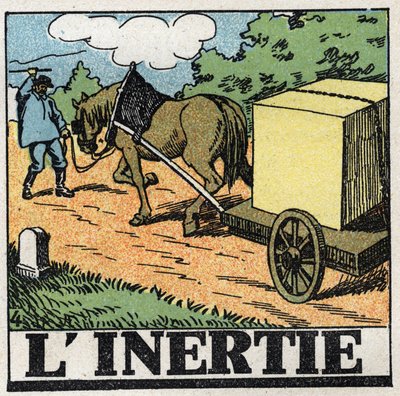 Bevægelser: inerti. En vognmand giver piskeslag for at flytte sin hest fremad. Anonym illustration fra 1925. Privat samling. af Anonymous Anonymous