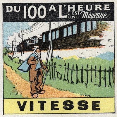 Bevægelser: lige ensartet bevægelse. Et tog kører på en jernbane. Anonym illustration fra 1925. Privat samling. af Anonymous Anonymous