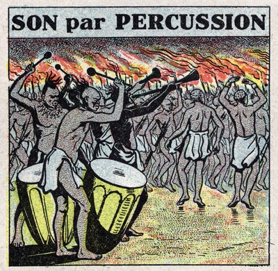 Musikinstrumenter: slagtøjsspillere i en afrikansk landsby. Anonym illustration fra 1925. Privat samling. af Anonymous Anonymous