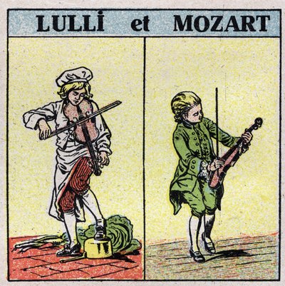 Musikinstrumenter: gnidede strengeinstrumenter. Jean Baptiste Lully (Giovanni Battista Lulli) (1632-1687) og Wolfang Amadeus Mozart (1756-1791) spiller violin. Anonym illustration fra 1925. Privat samling. af Anonymous Anonymous