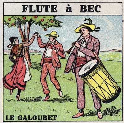 Musikinstrumenter: blæseinstrumenter. Galubetspiller (fløjte et næb). Anonym illustration fra 1925. Privat samling. af Anonymous Anonymous