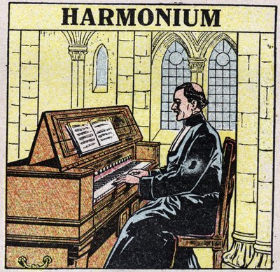 Musikinstrumenter: blæseinstrumenter ved hoften. Harmoniumspiller i en kirke. Anonym illustration fra 1925. Privat samling. af Anonymous Anonymous