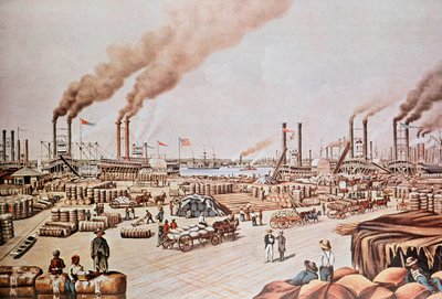 New Orleans Harbor Wharf (USA): Indlæsning af bomuld. 1876. Privat samling. af Anonymous Anonymous