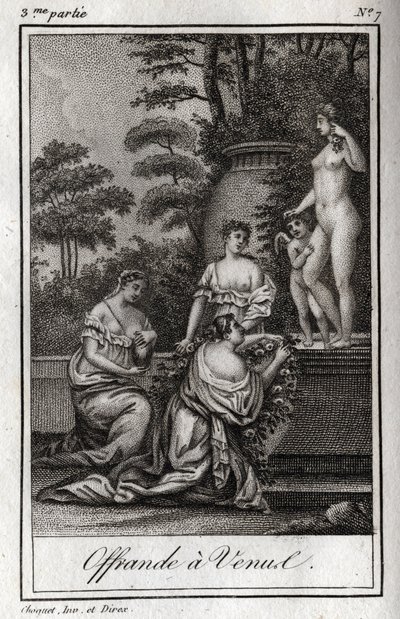Tilbud til Venus. Små kærligheder (angelots) samles for at hylde gudinden Afrodite. Stik fra 1819 i "Lettres a Emilie sur la mythologie" af Charles Albert Demoustier (1760-1801). Privat samling. af Anonymous Anonymous