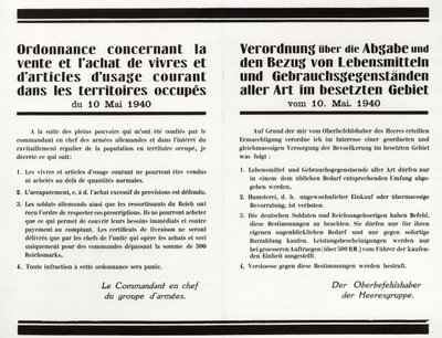 "" Forordning om salg og køb af fødevarer og genstande til fælles formål i de besatte områder" - Fransk-tysk tosproget plakat af Anonymous Anonymous