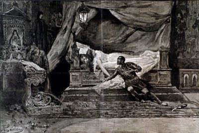 Otello dræber sig selv nær liget af Desdemona. Illustration af den sidste scene af Otello, opera af Giuseppe Verdi af Anonymous Anonymous