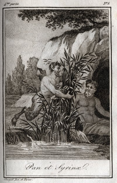 Pan og nymfen Syrinx omdannet til siv (Pan og Nymph Syrinx). Stik fra 1819 i "Lettres a Emilie sur la mythologie" af Charles Albert Demoustier (1760-1801). Privat samling. af Anonymous Anonymous