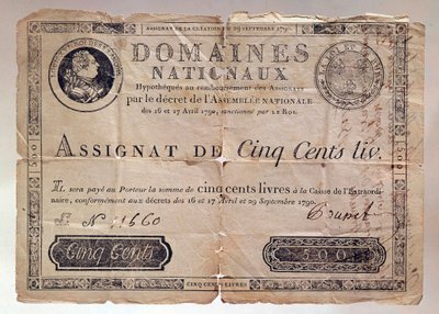 Papir udgivet under den franske revolution: en opgave på 500 pund fra 1790. Privat samling af Anonymous Anonymous