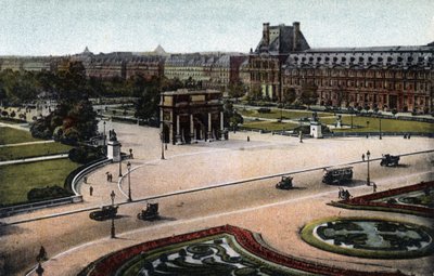 Paris: panorama af Tuilerierne (have og palads) og Arc de Triomphe du Carrousel. Fotografi af 1920 i "" Kunstnerisk Album"" af byen Paris. Privat samling. af Anonymous Anonymous