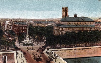 Paris: udsigt over Place du Chatelet og Sarah-Bernhardt Theatre (nuværende Theatre de la Ville). I baggrunden, Saint Jacques Tower (Saint Jacques). Fotografi af 1920 i "" Kunstnerisk Album"" af byen Paris. Privat samling. af Anonymous Anonymous