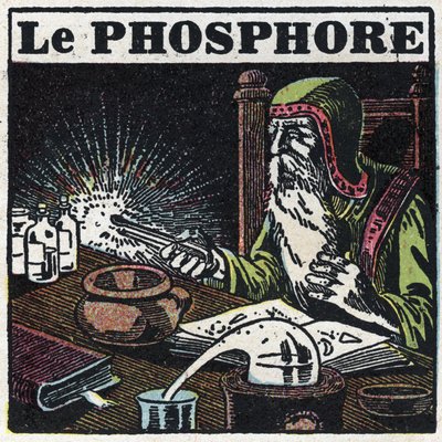 Fosforescens: fosfor. En alkymist leder efter den filosofiske sten i sit laboratorium. Anonym illustration fra 1925. Privat samling. af Anonymous Anonymous