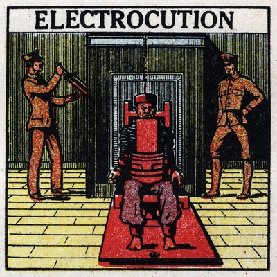 Fysiologiske virkninger af elektrit: elektrokution af en dødsdom ved hjælp af en elektrisk stol i en bodsmand i USA. Anonym illustration fra 1925. Privat samling. af Anonymous Anonymous