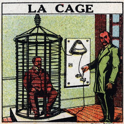 Fysiologiske effekter af elektrit: buret. Pleje af en patient ved at føre elektricitet omkring ham uden at røre ved ham, også kaldet "selvledningsmetode". Anonym illustration fra 1925. Privat samling. af Anonymous Anonymous