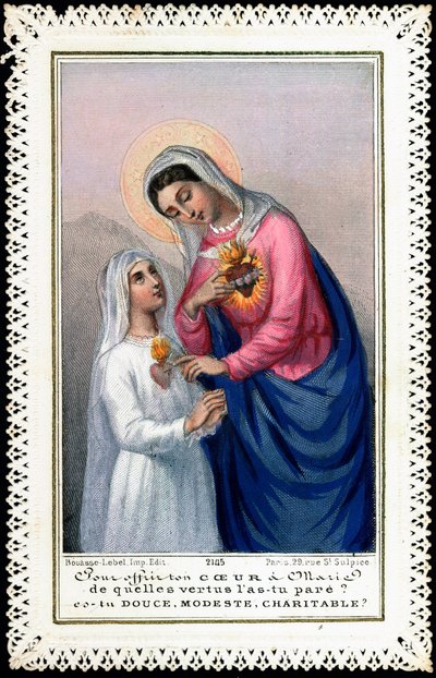 Fromme billede: Lille pige i nadverdragt, der ofrer sit hjerte til Jomfru Maria. "" At tilbyde dit hjerte til Maria, af hvilke dyder du pryder det, er du sød, beskeden, velgørende""" Dentelee kort. 19. århundrede. Privat samling af Anonymous Anonymous