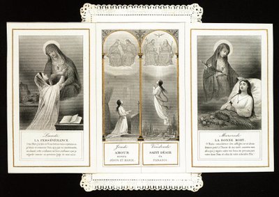 Fromt billede: "" udholdenhed, kærlighed til Jesus og Maria, paradisets hellige begær, den gode død"" Dentelee-kort i tryptisk. 1800-tallets privatsamling af Anonymous Anonymous