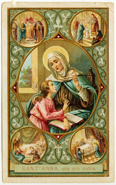 Fromt billede: scener fra den hellige Annes liv, brylluppet, Marias fødsel, præsentationen til templet og døden (kromolithografi) af Anonymous Anonymous