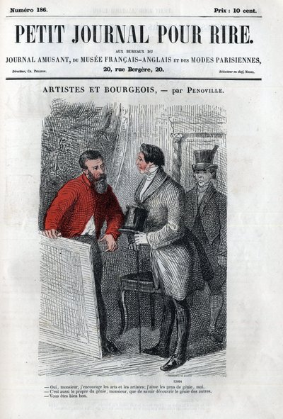 Politisk og social tegneserie under det andet imperium. "" Kunstner og borgerlig "": samtale mellem amatør af borgerlig kunst (mecene). Indgravering i "" Petity Journal pour rire"" af Anonymous Anonymous