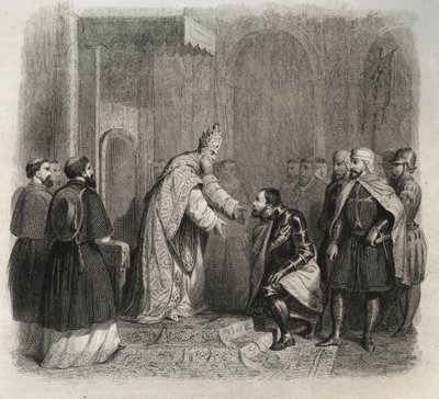 Pave St. Pius V (Pius eller Pio) (1566-1572), der modtager vinderen af slaget ved Lepante. Indgravering fra 1846 i ""De helliges liv"". Privat samling. af Anonymous Anonymous