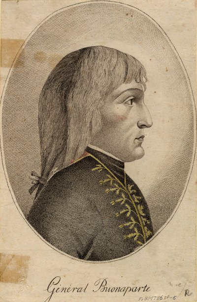 ""Portræt af general Napoleon Bonaparte (1769-1821)"" Anonym gravering 1796 Dim 19,2x12,5 cm Privat samling af Anonymous Anonymous