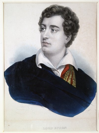 Portræt af digteren Lord George Noel Byron (1788-1824) (Portræt af digteren Lord G.N.Byron). Anonym litografi, forstærket med akvarel, begyndelsen af ​​1800-tallet. Engelsk kunst, romantik. A. Pushkin Memorial Museum, Sankt Petersborg. af Anonymous Anonymous
