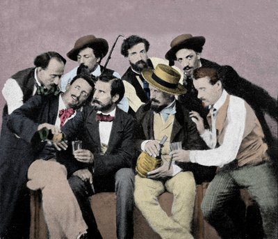 Portrætgruppe af kunstnere (Macchiaioli) i Firenze: blandt dem øverst fra venstre mod højre Gaetano Bianchi, Cristiano Banti, Vito d