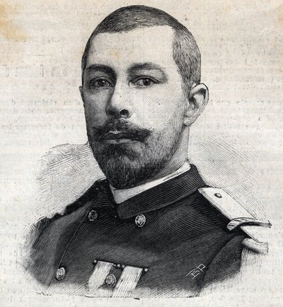 Portræt af Antoine Mizon (1853-1899) fransk opdagelsesrejsende i Afrika. Gravering i "" Le Peute Parisien"" af Anonymous Anonymous