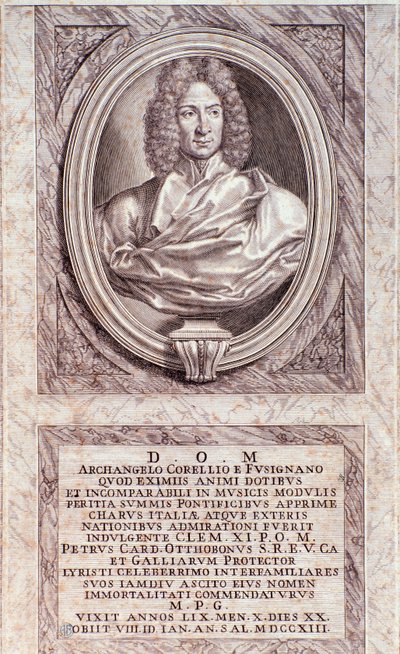 Portræt af Arcangelo Corelli (1653-1713) italiensk komponist og violinist Gravering. Milanesisk privatsamling fra det 18. århundrede af Anonymous Anonymous