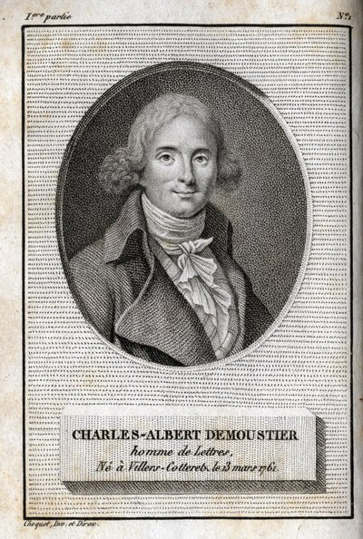 Portræt af Charles Albert Demoustier (1760-1801) fransk forfatter. Stik fra 1819 i "Lettres a Emilie sur la mythologie" af Charles Albert Demoustier (1760-1801). Privat samling. af Anonymous Anonymous